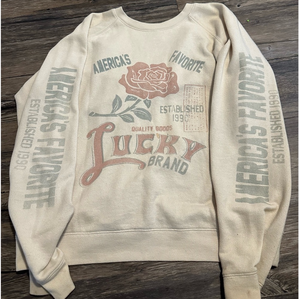 Lucky Brand Women cream Crewneck Long Sleeve Rose Logo Fleece Lined Sweatshirt